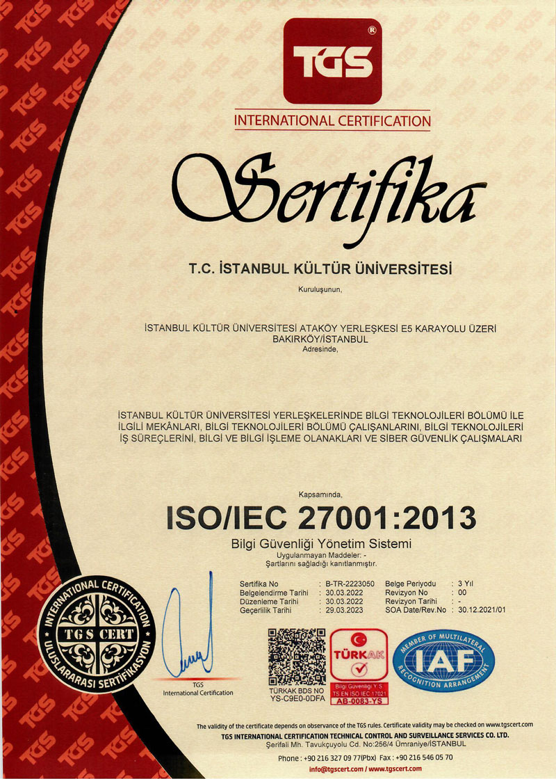 ISO 27001:2013 Bilgi Güvenliği Yönetim Sistemi Sertifikası